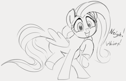 Size: 748x483 | Tagged: safe, artist:dotkwa, fluttershy, pegasus, pony, black and white, descriptive noise, female, grayscale, horse noises, mare, monochrome, simple background, sketch, solo, white background