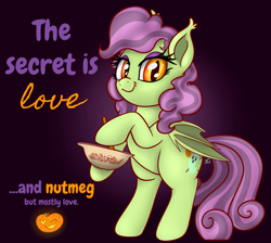 Size: 3053x2735 | Tagged: safe, alternate version, artist:xchan, oc, oc:spooky treats, bat pony, ghost, pony, alternate background, baking, bat pony oc, bowl, cute, heart eyes, mixing, mixing bowl, one eye closed, pumpkin, rearing, simple background, solo, stirring, text, wingding eyes, wink