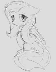 Size: 772x1002 | Tagged: safe, artist:candel, fluttershy, pegasus, pony, cute, looking at you, monochrome, simple background, sketch, smiling, solo