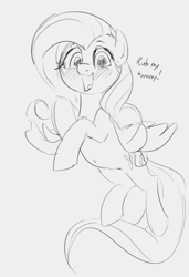 Size: 576x844 | Tagged: safe, artist:dotkwa, fluttershy, pegasus, pony, blushing, cute, dialogue, female, flying, gray background, happy, imminent belly rub, looking at you, monochrome, open mouth, shyabetes, simple background, smiling, solo, talking, talking to viewer