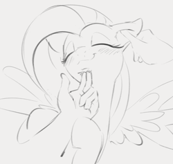 Size: 729x690 | Tagged: safe, artist:dotkwa, fluttershy, human, pegasus, pony, :3, blushing, bust, chin scratch, cute, disembodied hand, ear rub, ear scratch, female, gray background, hand, happy, human on pony petting, human on pony snuggling, monochrome, petting, scratching, shyabetes, simple background, smiling, snuggling, spread wings, wings
