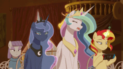 Size: 640x360 | Tagged: safe, artist:deannart, maud pie, princess celestia, princess luna, sunset shimmer, alicorn, earth pony, pony, unicorn, slice of life (episode), animated, blinking, bored, cute, cutelestia, drool, eyes closed, female, fiery shimmer, frown, gamer sunset, gif, glare, gritted teeth, hilarious in hindsight, hoof hold, lidded eyes, luna is not amused, magic, majestic as fuck, mare, marriage, nintendo, nintendo switch, open mouth, preview, sigh, sitting, sleeping, smiling, smooth as butter, snoring, unamused, underhoof, wedding