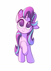 Size: 1000x1400 | Tagged: safe, artist:lollipony, starlight glimmer, pony, unicorn, cheek fluff, cute, ear fluff, female, front view, glimmerbetes, looking at you, looking up, mare, no pupils, raised hoof, simple background, smiling, solo, wavy mane, weapons-grade cute safe, white background