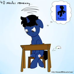 Size: 500x500 | Tagged: safe, artist:triplesevens, oc, oc only, bladder gauge, desk, desperation, highly accurate, male, need to pee, omorashi, stallion, test