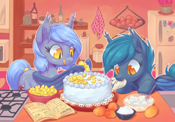 Size: 2500x1750 | Tagged: safe, artist:mav, oc, oc only, oc:panne, oc:speck, bat pony, pony, baking, bat pony oc, bat wings, book, bowl, cake, cookbook, cute, duo, ear fluff, ear tufts, egg, eyes on the prize, female, food, frosting, fruit, high res, hoof hold, icing bag, indoors, kitchen, leaning, licking lips, looking at something, mango, mare, mouth hold, ocbetes, recipe, refrigerator, silly, slit eyes, smiling, standing, stove, sugar (food), tail wrap, tongue out, whisk, wing hands, wings