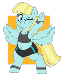 Size: 834x1024 | Tagged: safe, artist:notenoughapples, helia, pegasus, pony, armpits, belly button, clothes, female, looking at you, one eye closed, simple background, solo, stretching, wink