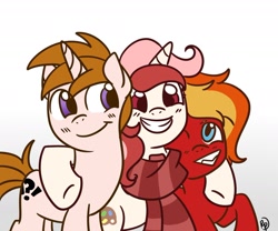 Size: 1280x1063 | Tagged: safe, artist:redpalette, oc, oc only, oc:dusty sprinkles, oc:red palette, oc:white shield, earth pony, pony, unicorn, clothes, grin, hug, one eye closed, scarf, side hug, smiling, underhoof, wink