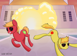 Size: 3300x2400 | Tagged: safe, artist:triplesevens, big macintosh, braeburn, earth pony, pony, action, explosion, jumping, male, mansion, stallion, sunglasses