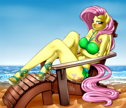 Size: 1000x850 | Tagged: safe, artist:pia-sama, fluttershy, anthro, pegasus, plantigrade anthro, beach, beautiful, beautisexy, big breasts, bikini, blushing, breasts, clothes, female, high heels, hootershy, legs, looking at you, mare, sexy, shoes, sky, solo, swimsuit, water