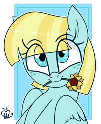 Size: 838x1024 | Tagged: safe, artist:notenoughapples, helia, pegasus, pony, cute, eye clipping through hair, female, flower, flower in mouth, freckles, mare, mouth hold, smiling, solo