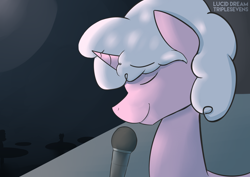 Size: 4092x2893 | Tagged: safe, oc, oc only, oc:drawalot, pony, bar, dark, eyes closed, looking down, microphone, silhouette, singing, smiling, stage, table