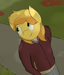 Size: 3000x3508 | Tagged: safe, artist:triplesevens, braeburn, anthro, autumn, clothes, college, jacket, looking up, smiling, walking