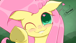 Size: 3840x2160 | Tagged: safe, artist:jomok0, fluttershy, pegasus, pony, best pony, blushing, breaking the fourth wall, colored pupils, cute, heart, heart eyes, heart hoof, looking at you, shiny hair, shyabetes, simple background, simple shading, smiling, smiling at you, solo, sparkly eyes, wallpaper, wingding eyes