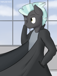 Size: 2300x3035 | Tagged: safe, artist:triplesevens, thunderlane, anthro, clothes, coat, male, phone, solo, trenchcoat, walking, window