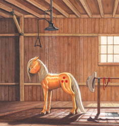 Size: 1077x1148 | Tagged: safe, artist:baron engel, applejack, earth pony, pony, barn, bathing, colored pencil drawing, commission, eyes closed, fanfic, fanfic art, floppy ears, gouache, hat, hatless, loose hair, markers, messy mane, missing accessory, mixed media, muscles, pencil drawing, realistic, shower, smiling, solo, traditional art, unshorn fetlocks, wet, wet mane