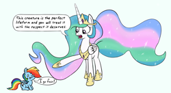 Size: 1158x632 | Tagged: safe, artist:abzde, artist:firenhooves, princess celestia, rainbow dash, alicorn, pegasus, pony, crown, cute, dashabetes, dialogue, jewelry, looking down, pointing, regalia, simple background, speech bubble, tiny, tiny ponies, white background