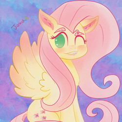 Size: 2048x2048 | Tagged: safe, artist:jomok0, fluttershy, pegasus, pony, blushing, blushing wings, cutie mark, ear blush, ear fluff, female, grin, lip bite, looking at you, mare, no pupils, one eye closed, simple background, sitting, smiling, smiling at you, solo, spread wings, wings, wink, winking at you