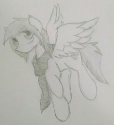 Size: 2432x2659 | Tagged: safe, artist:candel, oc, oc only, oc:candlelight, pony, clothes, cute, flying, looking at you, monochrome, scarf, sketch, solo, traditional art