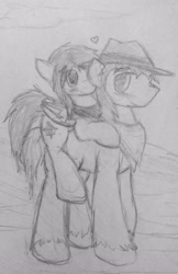 Size: 2432x3755 | Tagged: safe, artist:candel, oc, oc only, oc:candlelight, oc:wanderheart, pony, blushing, clothes, cowboy hat, cute, gay, hat, heart, male, monochrome, neckerchief, piggyback ride, scarf, shipping, size difference, sketch, smiling, traditional art, unshorn fetlocks