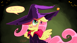 Size: 3840x2160 | Tagged: safe, artist:jomok0, fluttershy, pegasus, pony, best pony, cloak, clothes, hat, simple background, spooky, wings, witch hat