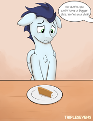 Size: 2702x3508 | Tagged: safe, artist:triplesevens, soarin', pegasus, pony, diet, floppy ears, food, male, offscreen character, pie, pumpkin pie, pure unfiltered evil, sad, solo, speech bubble, text, that pony sure does love pies