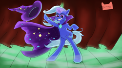 Size: 3840x2160 | Tagged: safe, artist:jomok0, trixie, pony, unicorn, bipedal, cape, clothes, female, glowing horn, hat, horn, magic, mare, smiling, smug, solo, stage, trixie's cape, trixie's hat