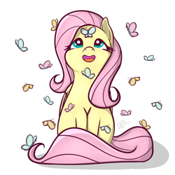 Size: 2000x2000 | Tagged: safe, artist:xchan, fluttershy, butterfly, pegasus, pony, cute, female, mare, open mouth, shyabetes, simple background, sitting, solo, transparent background