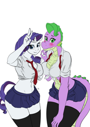 Size: 2508x3541 | Tagged: safe, artist:pia-sama, barb, rarity, spike, anthro, dragon, unicorn, barity, belly button, breasts, cleavage, clothes, commission, digital art, dragoness, dress shirt, female, front knot midriff, half r63 shipping, holding hands, lesbian, mare, midriff, miniskirt, peace sign, pleated skirt, raritits, rule 63, school uniform, schoolgirl, shipping, simple background, skirt, smiling, socks, sparity, spikahunas, stockings, symmetrical docking, thigh highs, thighs, u.a. high school uniform, white background, zettai ryouiki