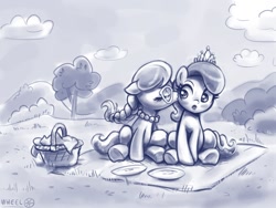 Size: 1000x750 | Tagged: safe, artist:theofficialwheel, diamond tiara, silver spoon, earth pony, pony, blushing, cute, duo female, female, filly, glasses, kissing, lesbian, picnic