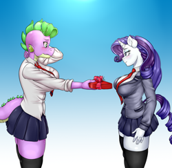 Size: 700x681 | Tagged: safe, artist:pia-sama, barb, rarity, spike, anthro, dragon, unicorn, barity, box of chocolates, breasts, clothes, dragoness, female, half r63 shipping, holiday, lesbian, raritits, rule 63, school uniform, shipping, sparity, spikahunas, u.a. high school uniform, valentine's day