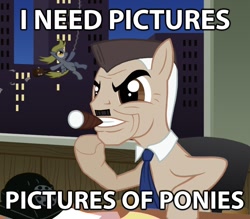 Size: 800x700 | Tagged: artist needed, safe, derpy hooves, pegasus, pony, bag, building, chair, cigar, derpibooru legacy, eyes, female, grin, gritted teeth, hilarious in hindsight, image macro, it begins, j. jonah jameson, letter, mail, male, mare, meme, muffin, necktie, paper, parody, phone, ponified, sitting, smiling, smoking, spider-man, stallion, swinging