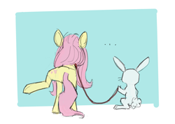 Size: 3537x2504 | Tagged: source needed, safe, artist:rhorse, angel bunny, fluttershy, pegasus, pony, rabbit, ..., behaving like a dog, female, leash, male, mare, pink mane, pink tail, simple background, sketches from a hat, yellow coat