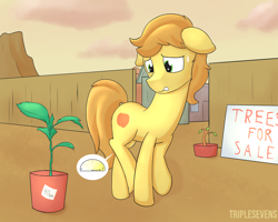 Size: 2500x2000 | Tagged: safe, artist:triplesevens, braeburn, earth pony, pony, appleloosa, bladder gauge, crossed legs, desperation, imminent plant watering, male, need to pee, omorashi, potty dance, potty emergency, potty time, solo, sunset, sweat, trotting in place, worried