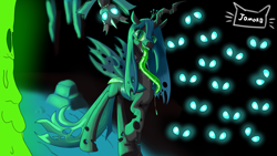Size: 3840x2160 | Tagged: safe, artist:jomok0, queen chrysalis, changeling, changeling queen, drool, eyes in the dark, female, glowing eyes, long tongue, simple background, tongue out, wings