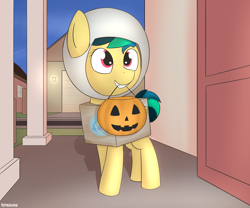 Size: 3000x2500 | Tagged: safe, artist:triplesevens, oc, oc only, oc:apogee, pegasus, pony, clothes, costume, doorway, female, filly, halloween, holiday, night, pumpkin bucket, smiling, solo, trick or treat