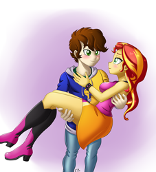 Size: 700x772 | Tagged: safe, artist:pia-sama, sunset shimmer, oc, equestria girls, blushing, breasts, bridal carry, canon x oc, carrying, clothes, lidded eyes, looking at each other, shipping, sleeveless, sunset jiggler