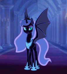 Size: 540x593 | Tagged: safe, artist:anima-dos, artist:duo cartoonist, artist:lionheartcartoon, nightmare moon, alicorn, bat pony, bat pony alicorn, pony, animated, bat wings, bedroom eyes, castle, crown, cute, ethereal mane, evil laugh, eyeshadow, fangs, female, flapping, gif, grin, laughing, looking at you, makeup, mare, moonabetes, moonbat, open mouth, raised eyebrow, raised hoof, redesign, slit eyes, smiling, smirk, smooth as butter, solo, spread wings, the moon rises, unshorn fetlocks