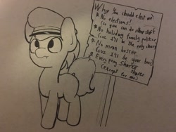 Size: 2048x1536 | Tagged: safe, artist:triplesevens, oc, oc:marching order, earth pony, pony, dictator, hat, lineart, looking up, pen drawing, sign, sketch, solo, text, traditional art