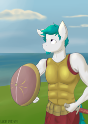 Size: 2893x4092 | Tagged: safe, artist:triplesevens, oc, oc only, anthro, anthro oc, bored, calm, day, male, muscles, roman, rome, shield, soldier, solo, sunny, sword, weapon