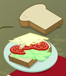 Size: 489x564 | Tagged: safe, between dark and dawn, bread, cheese, food, lettuce, no pony, picnic blanket, plate, sandwich, swiss cheese, tomato