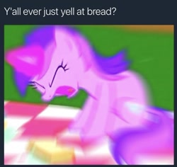 Size: 714x673 | Tagged: safe, edit, edited screencap, screencap, amethyst star, sparkler, pony, unicorn, the mysterious mare do well, amethyst star is not amused, angry, background pony, bread, caption, cropped, female, food, mare, meme, motion blur, out of context, shitposting, solo, triggered, y'all, yelling at food