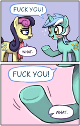 Size: 474x746 | Tagged: safe, artist:emlan, bon bon, lyra heartstrings, sweetie drops, earth pony, pony, unicorn, duo, duo female, female, fuck you, lesbian, lyrabon, mare, text, vulgar