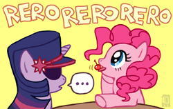 Size: 800x507 | Tagged: safe, artist:emlan, pinkie pie, twilight sparkle, earth pony, pony, unicorn, cherry, duo, duo female, ellipsis, female, hat, jojo's bizarre adventure, mare, parody, simple background, table, text