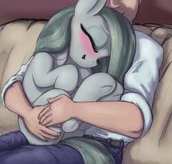 Size: 2100x2000 | Tagged: safe, artist:t72b, marble pie, earth pony, human, pony, blushing, cuddling, cute, eyes closed, faceless male, female, high res, holding a pony, hug, human male, male, marblebetes, mare, offscreen character, sitting, sitting on lap, sofa, underhoof