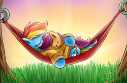 Size: 900x585 | Tagged: dead source, safe, artist:xioade, rainbow dash, scootaloo, pegasus, pony, clothes, cuddling, cute, cutealoo, dashabetes, eyes closed, female, filly, grass, hammock, mare, scootalove, shared clothing, sleeping, snuggling, sunset, sweater