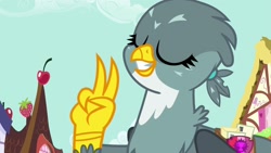 Size: 1920x1080 | Tagged: safe, screencap, gabby, griffon, dragon dropped, beak, bust, cutie mark crusaders patch, eyes closed, female, house, letter, mailbag, peace sign, smiling, solo, talons, teeth