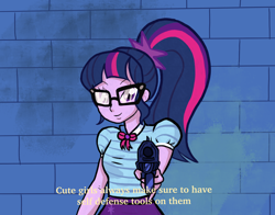 Size: 1564x1227 | Tagged: safe, artist:anonymous, sci-twi, twilight sparkle, equestria girls, /mlp/, 4chan, caption, drawthread, glasses, gun, looking at you, solo, weapon