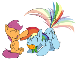 Size: 709x572 | Tagged: safe, artist:rainbow-dosh, artist:xioade, rainbow dash, scootaloo, pegasus, pony, behaving like a dog, carrot, cute, cutealoo, dashabetes, eyes closed, hnnng, mouth hold, pet, petting, smiling, tail wag