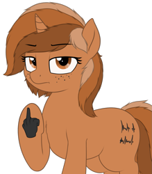 Size: 1007x1150 | Tagged: safe, artist:zippysqrl, oc, oc only, oc:sign, pony, unicorn, female, freckles, lidded eyes, looking at you, middle finger, raised hoof, simple background, solo, transparent background, vulgar