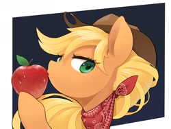 Size: 2048x1536 | Tagged: safe, artist:30clock, applejack, earth pony, pony, abstract background, apple, bandana, bust, cowboy hat, female, food, hat, looking at you, mare, portrait, solo, that pony sure does love apples